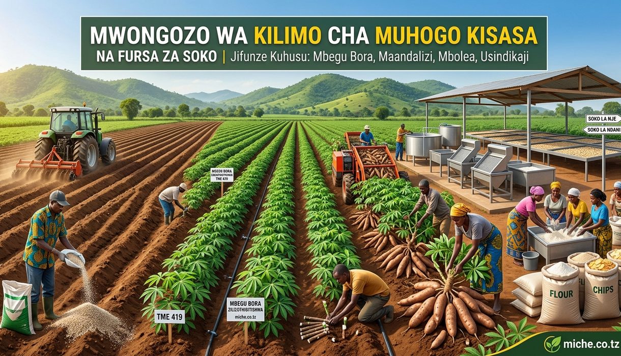 Mwongozo wa Kilimo cha Muhogo Kisasa na Fursa za Soko Inakadiriwa kuwa tani milioni tano (5) za muhogo mbichi zinazalishwa hapa nchini kwa mwaka. Jifunze kuhusu mbegu bora zilizothibitishwa, maandalizi, mbolea, na usindikaji.